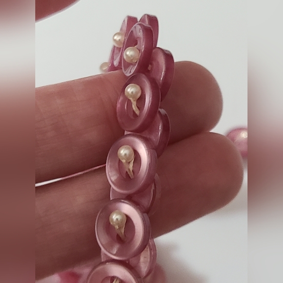 Set Vintage 80's button necklace earrings pierced pearls lavender purple handmad - Picture 8 of 10